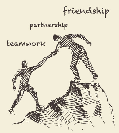Hand drawn illustration of a man, helping another man climb, sketch. Teamwork, partnership concept.のイラスト素材