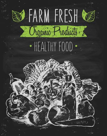 Organic product background on chalkboard farm food poster on blackboard healthy food template hand drawn vector illustrationのイラスト素材