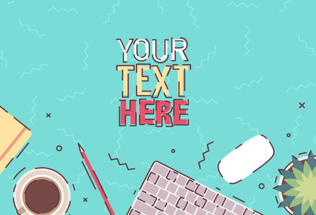 Flat vector design illustration of modern business office and workspace. Top view of desk background with paper, laptop, glasses office objects and coffeeのイラスト素材