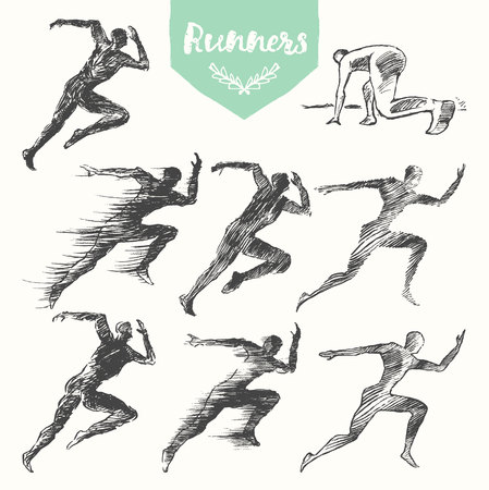 Set of hand drawn runners silhouette on white backgroundのイラスト素材