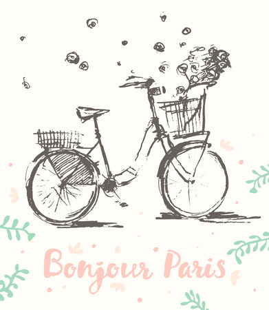 Hand drawn cute vintage bicycle with flying flowers, Bonjour Paris, vector illustrationのイラスト素材
