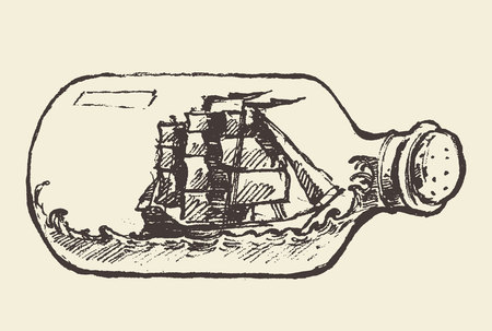 Glass bottle with ship inside, hand drawn vector illustration, sketchのイラスト素材