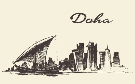 Doha skyline with Dhow Qatar vector illustration hand drawn sketchのイラスト素材