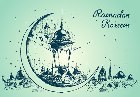 Greeting card template for holy month of muslim community Ramadan Kareem Ramadan fanous on beautiful arabic background Trendy flat vector illustrationのイラスト素材