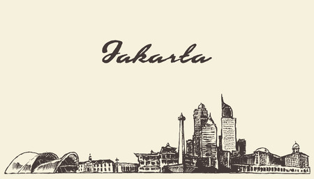 Jakarta skyline vintage engraved illustration, hand drawn, sketchのイラスト素材