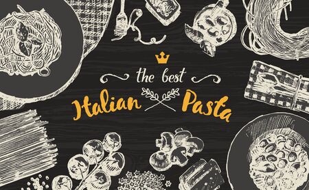 Hand drawn illustration of an Italian pasta on a wooden table top, sketchのイラスト素材