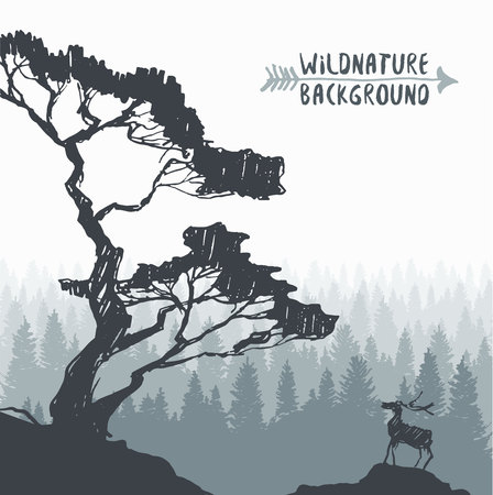 Forest background design template with pine tree and deer silhouette hand drawn illustrationのイラスト素材