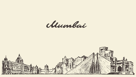 Mumbai skyline vintage vector engraved illustration hand drawn sketchのイラスト素材