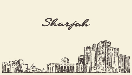 Sharjah skyline United Arab Emirates vintage vector engraved illustration hand drawn sketchのイラスト素材
