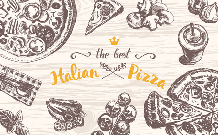 Hand drawn vector illustration of an Italian pizza theme products on a wooden table top, sketchのイラスト素材