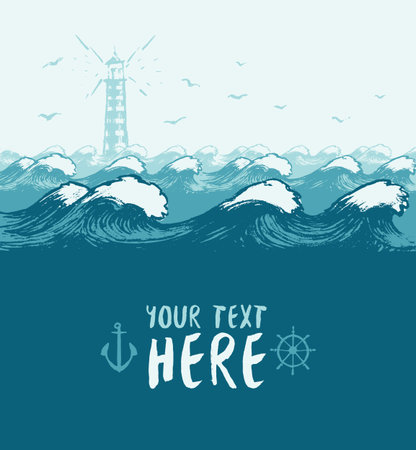 Beautiful blue waves with lighthouse and birds, summer sea banner with place for your textのイラスト素材