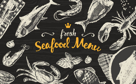 Collection of hand drawn seafood and fish vector illustration sketch engraved styleのイラスト素材