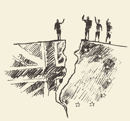 Sketch for Brexit and UKs EU referendum. People standing on cracked ground. Vector illustration.のイラスト素材