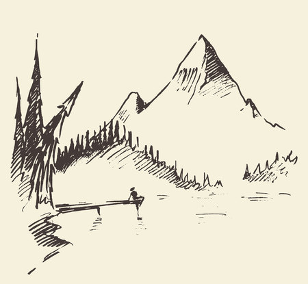 Hand drawn landscape with mountain, lake and fir forest. Vector illustrationの写真素材
