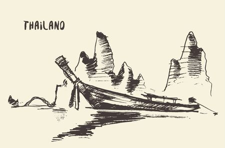 Sketch of traditional longtail boat, Thailand. Vector illustrationのイラスト素材