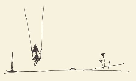 Sketch of a person on a swing, looking at sunset. Vector illustrationのイラスト素材