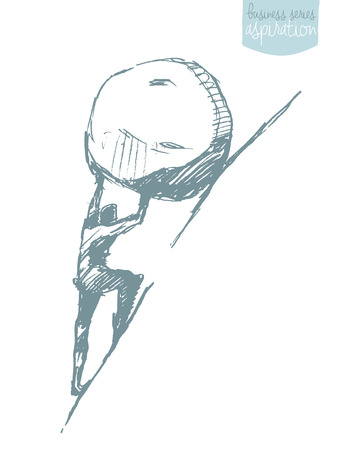 Young businessman pushing large stone uphill, illustration, sketch. Sisyphus myth.のイラスト素材