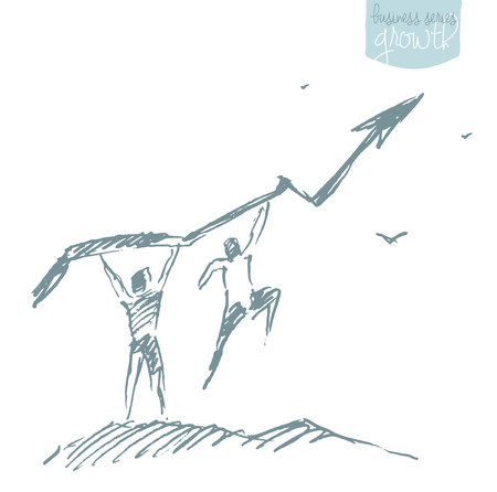 Two people holding the uprising arrow. Progress, growth, career. Concept vector illustration, sketchのイラスト素材