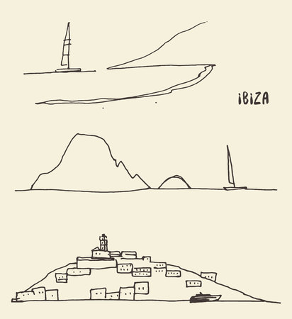 Set of a sketches of Ibiza landscapes, vector illustrationのイラスト素材