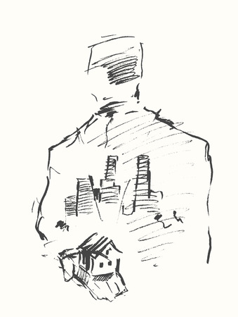 House in human hand on a white background. Double exposure of a city and businessman portrait.のイラスト素材