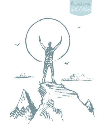 illustration, silhouette of a man on the top of the hill against sunrise, sketchのイラスト素材