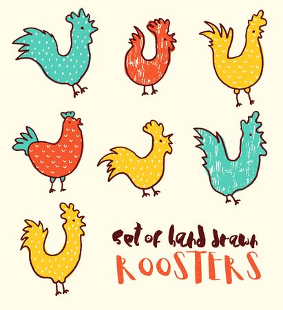 Funny doodle illustration of roosters, vector illustration, hand drawnのイラスト素材