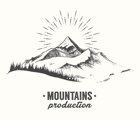 Sketch of a mountains with fir forest, sunrise sunset in the mountains, engraving style, hand drawn vector illustrationのイラスト素材