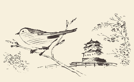 Oriental landscape with pagoda, sakura and bird on front, hand drawn vector illustration, sketchのイラスト素材