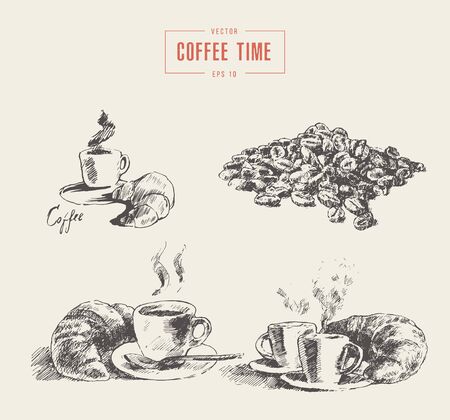 Two cups of coffee with croissant vintage illustration engraved retro style hand drawn sketch menu designのイラスト素材
