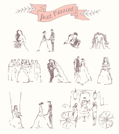 Drawn set bride groom decoration invitation vectorのイラスト素材