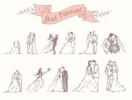 Drawn set bride groom decoration invitation vectorのイラスト素材