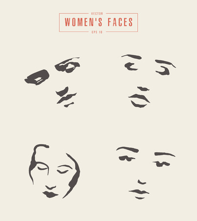 Women s faces contours, paintbrush sketchのイラスト素材