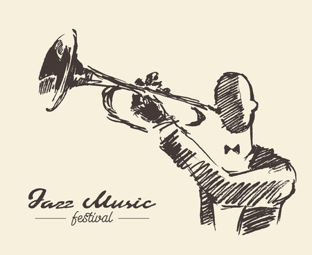 Set man playing trumpet vintage hand drawn sketchのイラスト素材