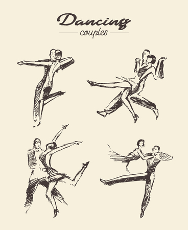 Set dancing couples, hand drawn vector sketchのイラスト素材