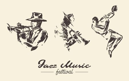 Set man playing trumpet vintage hand drawn sketchのイラスト素材