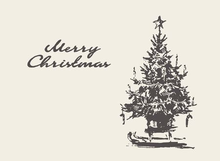 Merry Christmas calligraphy lettering card template with beautiful hand drawn Christmas Tree on a sledge, vector illustration, sketchのイラスト素材