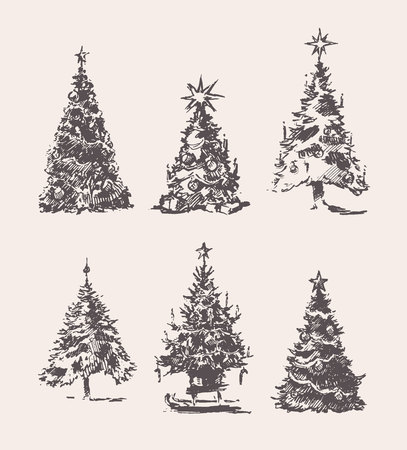 Set drawn Christmas Trees vintage sketchのイラスト素材