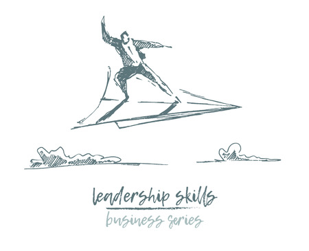 Business concept, leadership skills, businessman on the plane maneuvers among the clouds, vector illustration, hand drawn, sketch.のイラスト素材