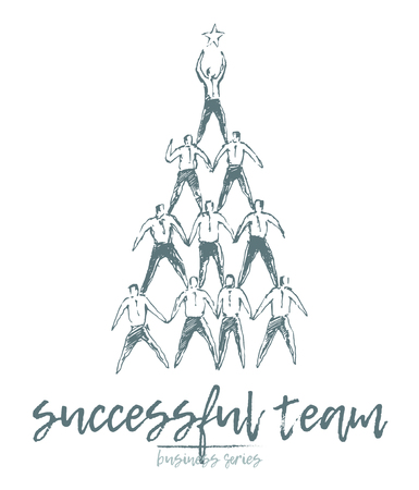Business concept, people hold hands in a spirit of togetherness, team up in a pyramid. Success, teamwork, cooperation, winning. Vector illustration, sketchのイラスト素材