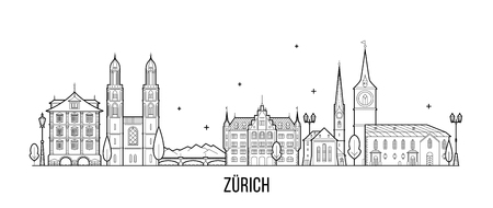 Zurich skyline, Switzerland. This illustration represents the city with its most notable buildings. Vector is fully editable, every object is holistic and movableのイラスト素材