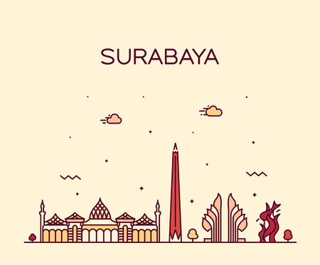 Surabaya skyline, East Java, Indonesia. Trendy vector illustration linear styleのイラスト素材