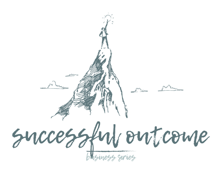 Business concept, achieve success, a person reaching the sun, standing on top of the mountain, vector illustration, sketchのイラスト素材