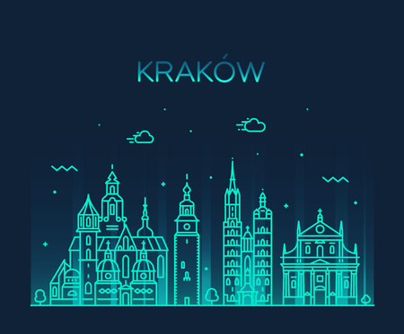 Krakow skyline, Poland. Trendy vector linear cityのイラスト素材