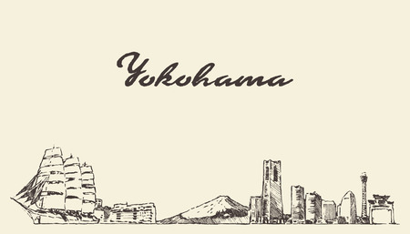 Yokohama skyline, Japan vector city drawn sketchの写真素材