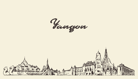 Yangon skyline, Myanmar vector city drawn sketchのイラスト素材