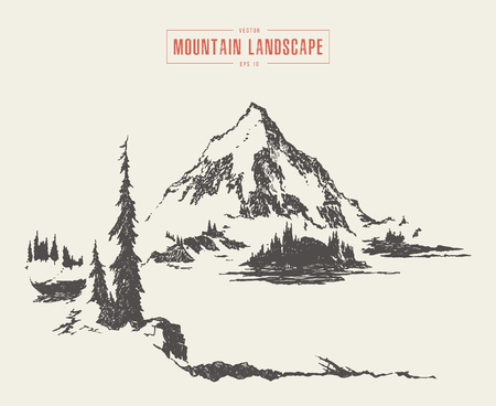 Vector of a mountain peak pine forest lake drawnのイラスト素材