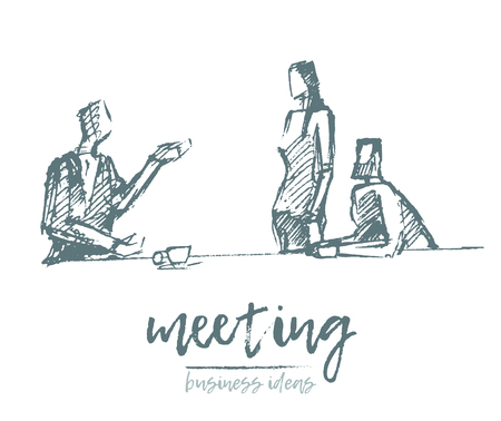 Sketch of a business people having a meeting. Brainstorming, teamwork. Concept vector illustrationのイラスト素材