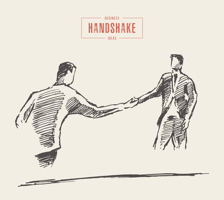 Sketch of a successful business meeting, businessmen handshake, partnership, hand drawn vector illustrationのイラスト素材