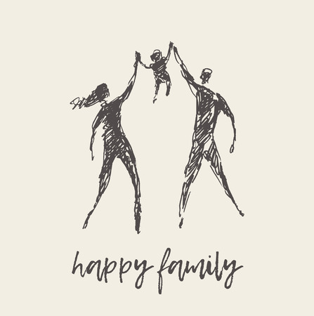 Happy family silhouette hand drawn vector sketchのイラスト素材