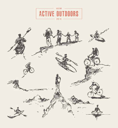 Collection of sketches of outdoors activity, rowing, riding, hiking, hand drawn vector illustrationのイラスト素材